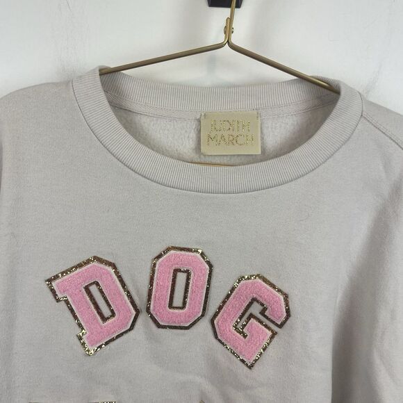 Judith‎ March Chenille Dog Mom  Cream Semi Cropped Oversized Sweatshirt Sz Large - Picture 5 of 8